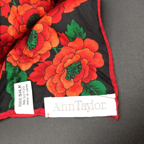 Vintage Ann Taylor Silk Scarf, 34" Square Red Floral, Black and Red Check Center - Picture 7 of 8